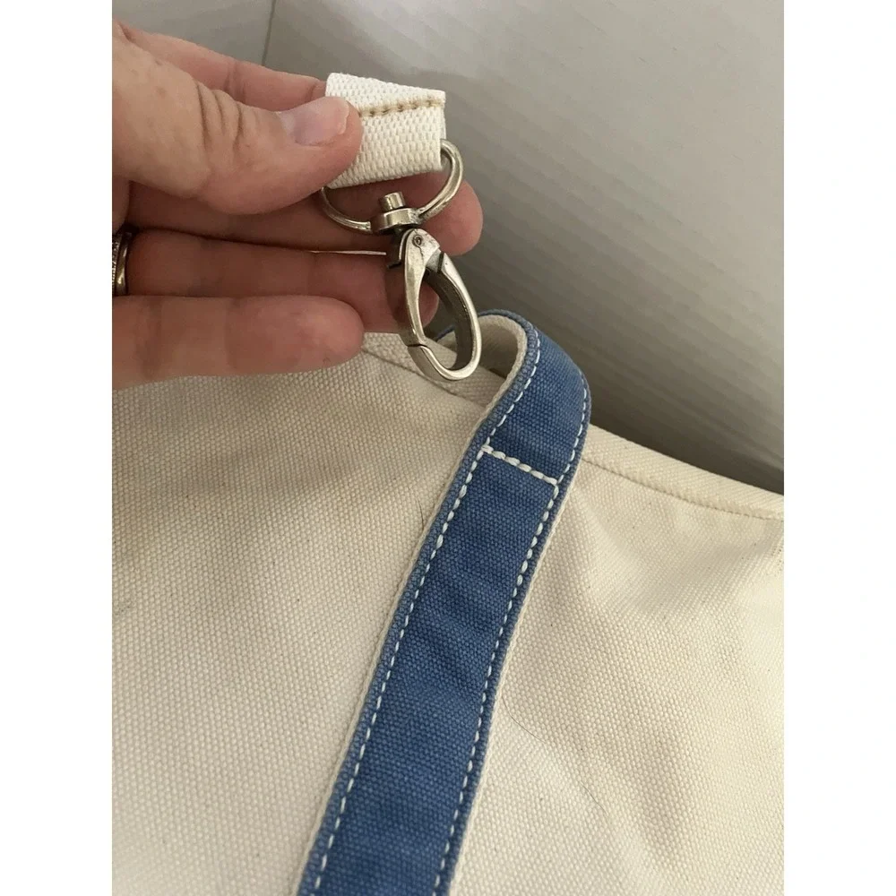 Vintage Lands End Tote 90s Blue White Canvas Large 5 Pocket Double Handle